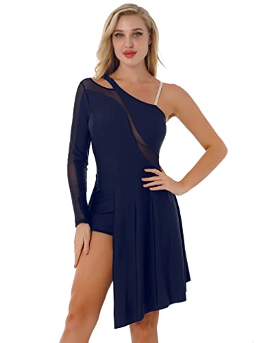 Agoky Maillot Largo de Ballet Lentejuelas para Mujer Vestido de Danza Lírica Contemporánea Leotardo de Gimnasia Patinaje con Falda Tul Dancewear Azul marino L