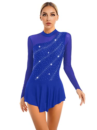 Agoky Maillot Manga Larga de Patinaje Artístico para Mujer Vestido de Danza Lírica Contemporánea Leotardo de Ballet Clásica Gimnasia Disfraz de Bailarina A Azul real L