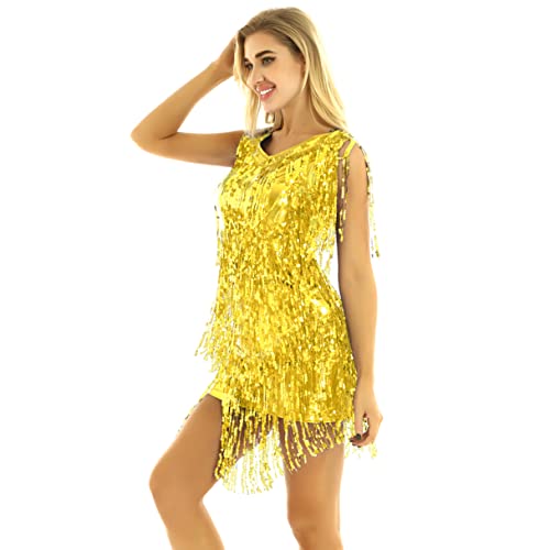 Agoky Vestido de Baile Latino Flecos para Mujer Vestido de Danza Tango Rumba Lentejuelas Traje de Baile Salsa Samba Disfraz de Bailarina Fiesta Dorado M