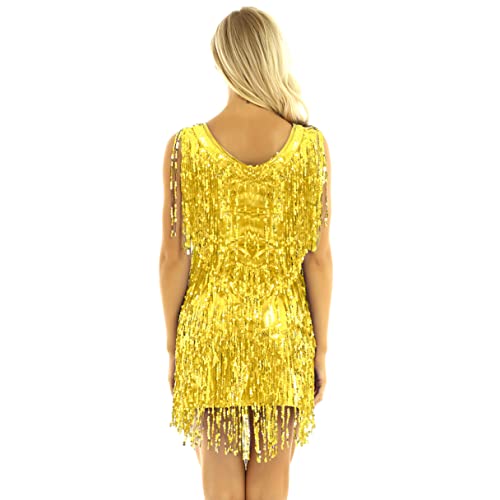 Agoky Vestido de Baile Latino Flecos para Mujer Vestido de Danza Tango Rumba Lentejuelas Traje de Baile Salsa Samba Disfraz de Bailarina Fiesta Dorado M