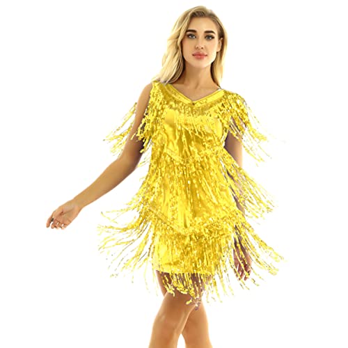 Agoky Vestido de Baile Latino Flecos para Mujer Vestido de Danza Tango Rumba Lentejuelas Traje de Baile Salsa Samba Disfraz de Bailarina Fiesta Dorado M