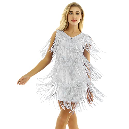 Agoky Vestido de Baile Latino Flecos para Mujer Vestido de Danza Tango Rumba Lentejuelas Traje de Baile Salsa Samba Disfraz de Bailarina Fiesta Plateado L