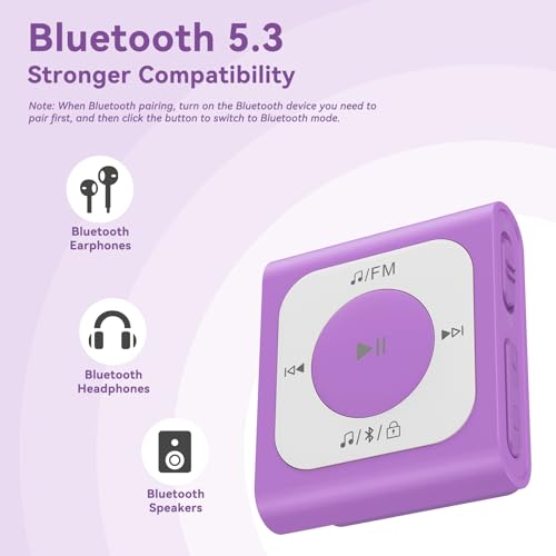 AGPTEK 64GB Reproductor MP3 Bluetooth 5.3 con Clip, Mini Reproductor de Música Portátil con Radio FM, Capacidad para Más de 13000 Canciones, Ideal para Hacer Deporte, Púrpura(No Incluido Auricular)