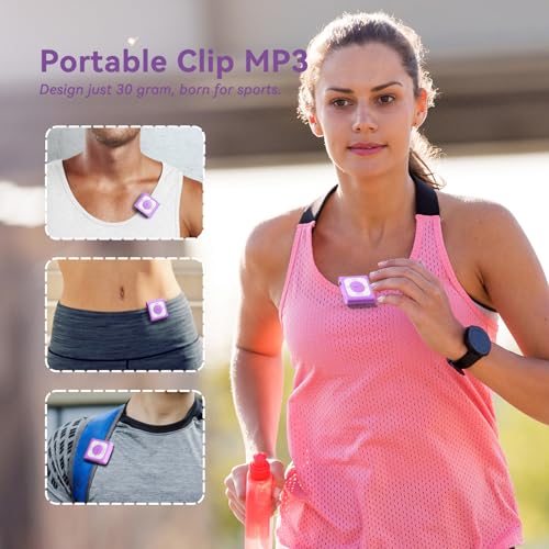 AGPTEK 64GB Reproductor MP3 Bluetooth 5.3 con Clip, Mini Reproductor de Música Portátil con Radio FM, Capacidad para Más de 13000 Canciones, Ideal para Hacer Deporte, Púrpura(No Incluido Auricular)