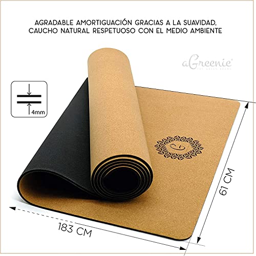 aGreenie® Yoga Mat Bag Set - Goma Natural de Corcho - 4mm - Antideslizante - No Contaminante - Esterilla de Gimnasio - Incluye Correa de Transporte Más Bola de Masaje de Regalo y E-Book