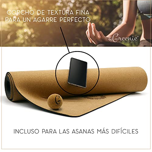 aGreenie® Yoga Mat Bag Set - Goma Natural de Corcho - 4mm - Antideslizante - No Contaminante - Esterilla de Gimnasio - Incluye Correa de Transporte Más Bola de Masaje de Regalo y E-Book