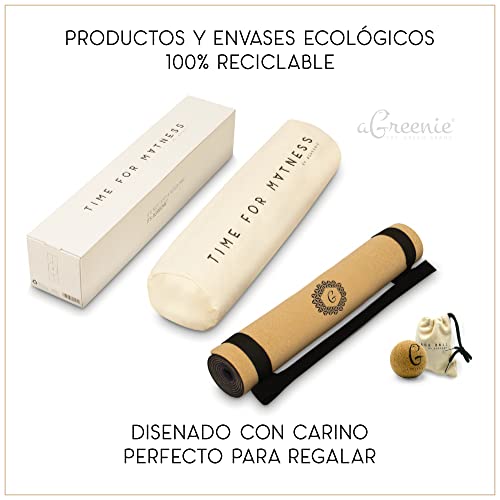 aGreenie® Yoga Mat Bag Set - Goma Natural de Corcho - 4mm - Antideslizante - No Contaminante - Esterilla de Gimnasio - Incluye Correa de Transporte Más Bola de Masaje de Regalo y E-Book