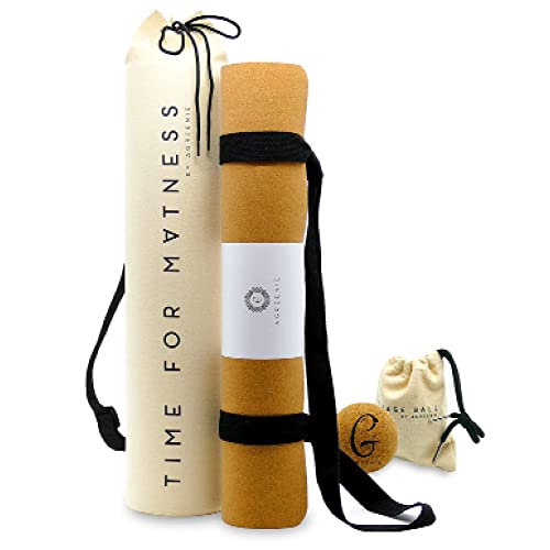 aGreenie® Yoga Mat Bag Set - Goma Natural de Corcho - 4mm - Antideslizante - No Contaminante - Esterilla de Gimnasio - Incluye Correa de Transporte Más Bola de Masaje de Regalo y E-Book