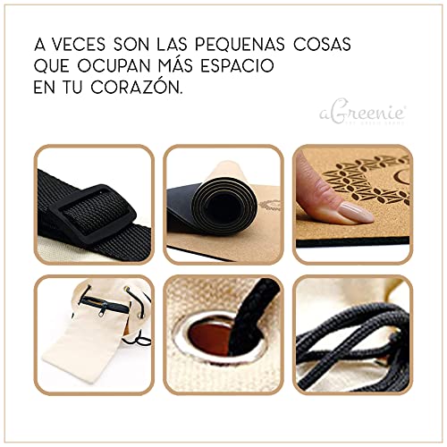 aGreenie® Yoga Mat Bag Set - Goma Natural de Corcho - 4mm - Antideslizante - No Contaminante - Esterilla de Gimnasio - Incluye Correa de Transporte Más Bola de Masaje de Regalo y E-Book