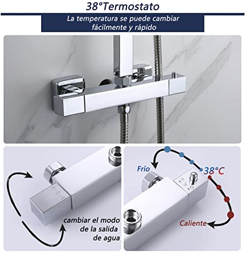 Aica Sanitarios Columna de ducha termostática, conjunto de alcachofa con grifo termostático 38℃, Cabezal de Ducha de Lluvia, Altura regulable 800mm - 1200mm, Cromado Cuadrada