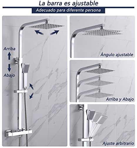 Aica Sanitarios Columna de ducha termostática, conjunto de alcachofa con grifo termostático 38℃, Cabezal de Ducha de Lluvia, Altura regulable 800mm - 1200mm, Cromado Cuadrada