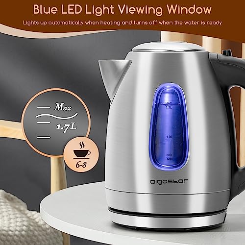 Aigostar Queen - Hervidor de Agua Eléctrico, con iluminación led, 1,7 litros, Libre de BPA, Acero Inoxidable, Filtro Antical, Sistema de protección contra la ebullición en seco, 2200W, Diseño exclusivo.