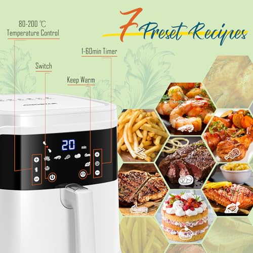 Aigostar White Cube - Freidora de aire 7L 1900W, freidora sin aceite 5 en 1, 7 funciones preestablecidas con pantalla LED, cesta antiadherente extraíble, mantenimiento del calor, 20 recetas sin BPA