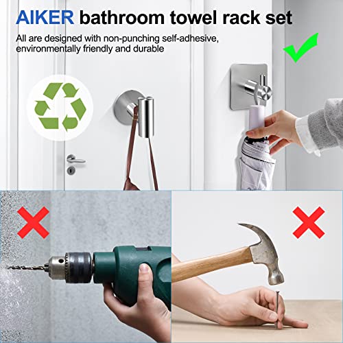 AIKER Toallero de Baño,8PCS Juego de Toalleros de Baño Sin Taladro ,Acero Inoxidable 304 de Calidad Espesada Accesorios Baño para Mueble Baño o Colgador Pared Decoracion baño …