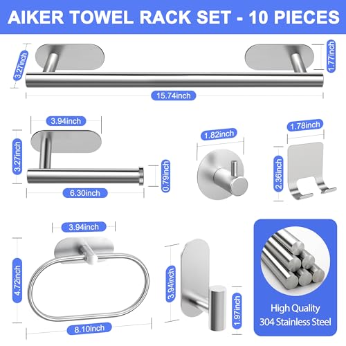 AIKER Toalleros de Baño Sin Taladro,Versión mejoradaJuego de Toallero de Baño 10PCS,Acero Inoxidable SUS304 de Espesada Accesorios Baño para Mueble Baño o Colgador Pared Decoracion baño