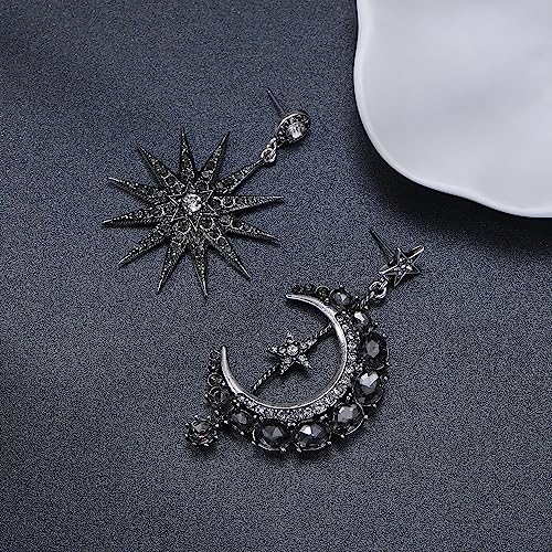 AILUOR Pendientes de aro colgantes de estrella y luna de cristal, pendientes de gota de sol y estrella de luna plateada, pendientes boho, joyería punk retro para mujeres y niñas (Negro)