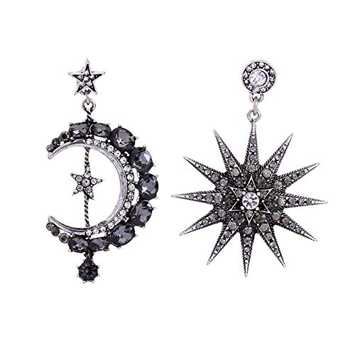 AILUOR Pendientes de aro colgantes de estrella y luna de cristal, pendientes de gota de sol y estrella de luna plateada, pendientes boho, joyería punk retro para mujeres y niñas (Negro)