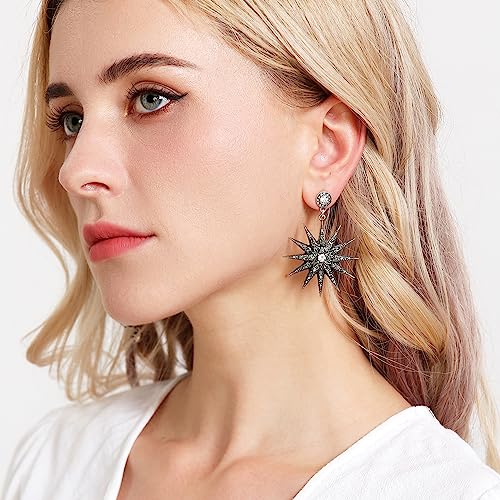 AILUOR Pendientes de aro colgantes de estrella y luna de cristal, pendientes de gota de sol y estrella de luna plateada, pendientes boho, joyería punk retro para mujeres y niñas (Negro)