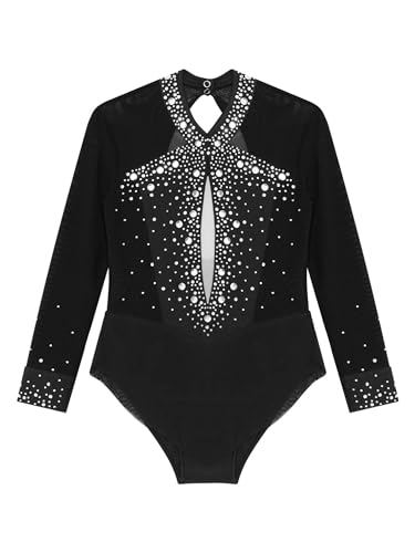 Aislor Maillot de Danza Ballet para Niña Maillot de Encaje Malla Manga Larga Leotardo Monos de Baile sin Espalda de Moda Body de Gimnasia Chica Bailarina Princesa Fiesta Negro G 13-14 años