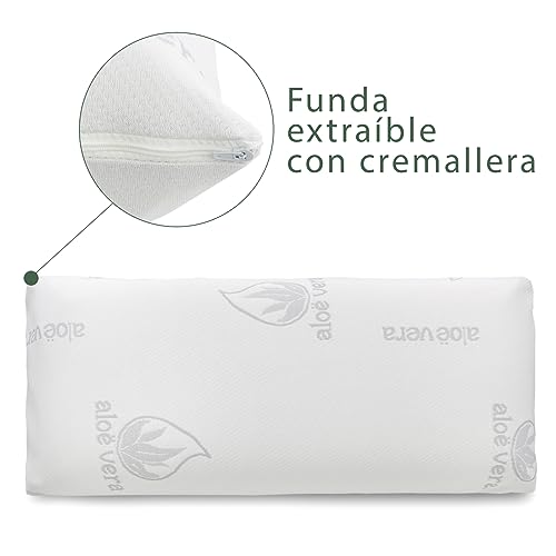 Aitsse- Almohada viscoelástica con núcleo 100% Viscoelástico, Funda de Aloe Vera Desenfundadle, Ergonómica, Anti bacterias, Termorregulable y Libera la presión Cervical. (Pack 2 Unidades 75 cm)