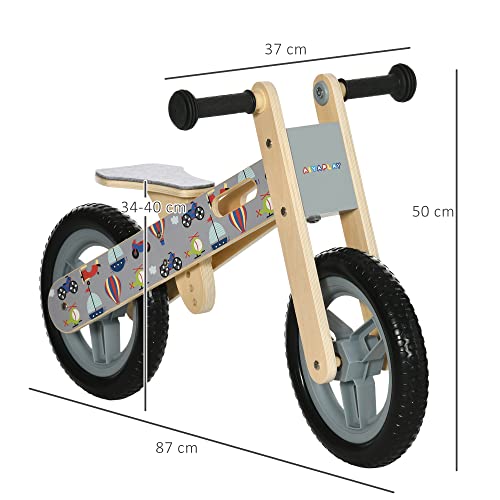 AIYAPLAY Bicicleta sin Pedales de Madera para Niños de 3-6 Años con Sillín Ajustable de 34-40 cm Bicicleta de Equilibrio Infantil con Ruedas de 12" Carga 30 kg 87x37x50 cm Gris