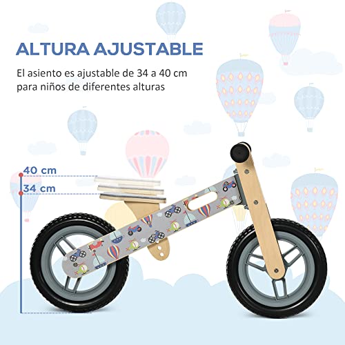 AIYAPLAY Bicicleta sin Pedales de Madera para Niños de 3-6 Años con Sillín Ajustable de 34-40 cm Bicicleta de Equilibrio Infantil con Ruedas de 12" Carga 30 kg 87x37x50 cm Gris