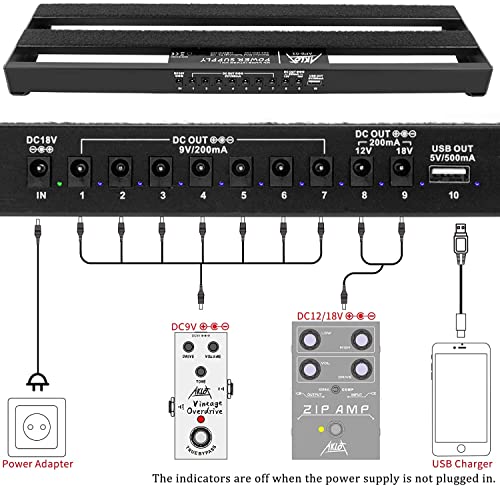 AKLOT Pedalera de Guitarra con Fuente de Alimentación Incorporada Pedalera de Efectos Aleación de Aluminio 48,5 x 13x 4,3cm Negro con Bolsa, Cable de Pedal, Velcro