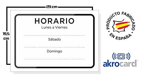 akrocard CARTEL PVC HORARIO de local/tienda - crea tu letrero decorativo/placa horario - señal horario de atención al cliente (PERSONALIZABLE CON ROTULADOR)