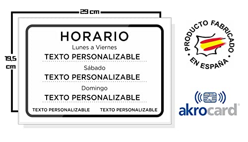 akrocard CARTEL PVC HORARIO de local/tienda - crea tu letrero decorativo/placa horario - señal horario de atención al cliente (PERSONALIZADO CON IMPRESION)