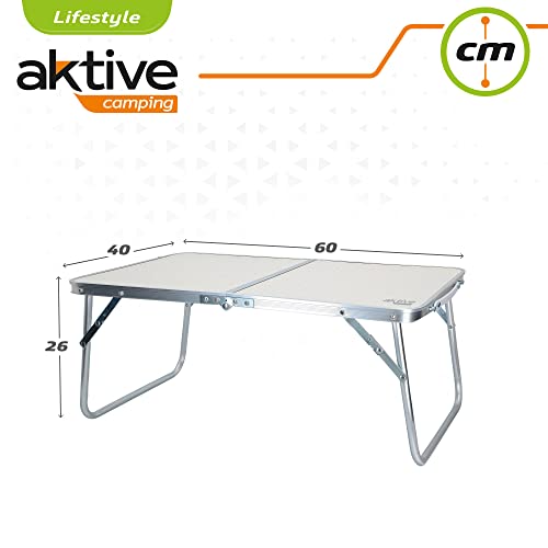 Aktive 52812 - Mesa playa plegable, medidas 60x40x26 cm, color crema, estructura de metal, tablero de madera, mesa plegable camping pequeña, cierre de seguridad