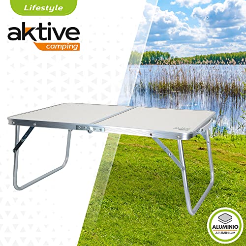 Aktive 52812 - Mesa playa plegable, medidas 60x40x26 cm, color crema, estructura de metal, tablero de madera, mesa plegable camping pequeña, cierre de seguridad