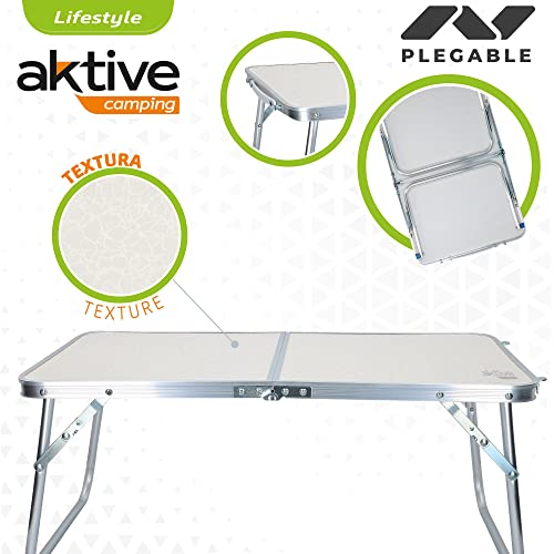 Aktive 52812 - Mesa playa plegable, medidas 60x40x26 cm, color crema, estructura de metal, tablero de madera, mesa plegable camping pequeña, cierre de seguridad