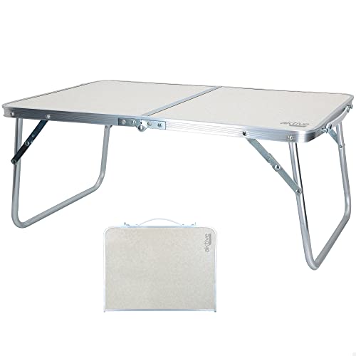 Aktive 52812 - Mesa playa plegable, medidas 60x40x26 cm, color crema, estructura de metal, tablero de madera, mesa plegable camping pequeña, cierre de seguridad