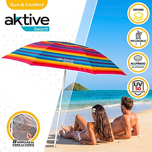 Aktive 62217 - Sombrilla de playa, Ø180 cm, con protección UV filtro 50, mástil Ø22-25 mm, incluye bolsa para transportarla, Sombrilla playa plegable, Aktive Beach