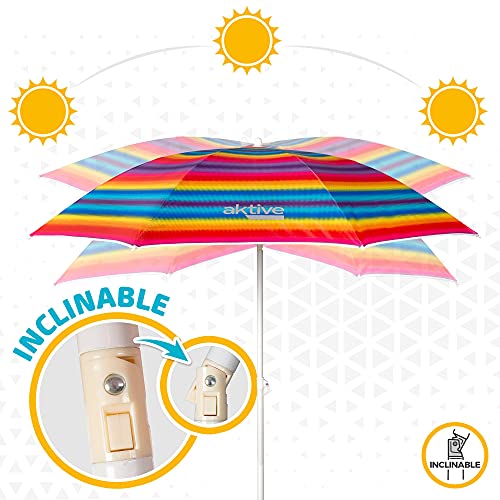 Aktive 62217 - Sombrilla de playa, Ø180 cm, con protección UV filtro 50, mástil Ø22-25 mm, incluye bolsa para transportarla, Sombrilla playa plegable, Aktive Beach