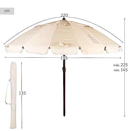 AKTIVE 62275, Sombrilla playa anti viento plegable Crema Ø220 cm, Inclinable, Con protección UV 50, paravientos playa, sombrilla parasol grande, parasol playa, sombrillas para playa