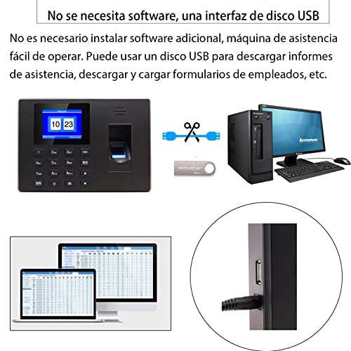 Aktivstar Control Horario Empleados, Reloj de Fichar con Pantalla LCD, Memoria USB de 8GB, Máquina de Asistencia Biométrica con Capacidad de 1000 Huellas, Sistema Española