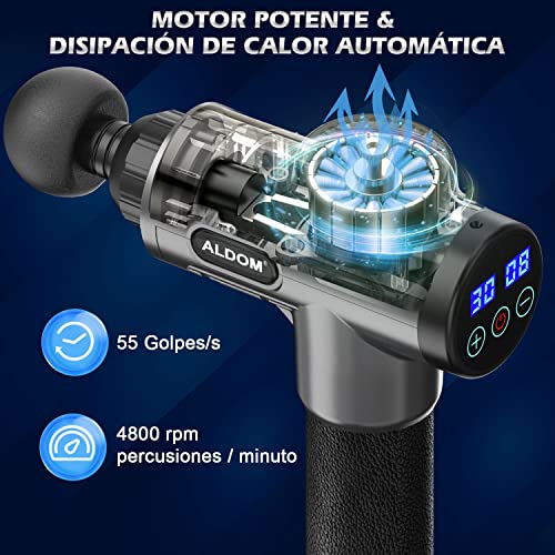 ALDOM Pistola de Masaje Muscular, Pistola Masaje Masajeadora Muscular de Tejido Profundo 30 Niveles Ajustables, Masajeador Eléctrico de Músculos Carga Tipo-C y 8 Cabezales Massage Gun