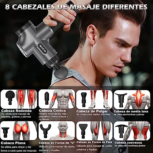 ALDOM Pistola de Masaje Muscular, Pistola Masaje Masajeadora Muscular de Tejido Profundo 30 Niveles Ajustables, Masajeador Eléctrico de Músculos Carga Tipo-C y 8 Cabezales Massage Gun