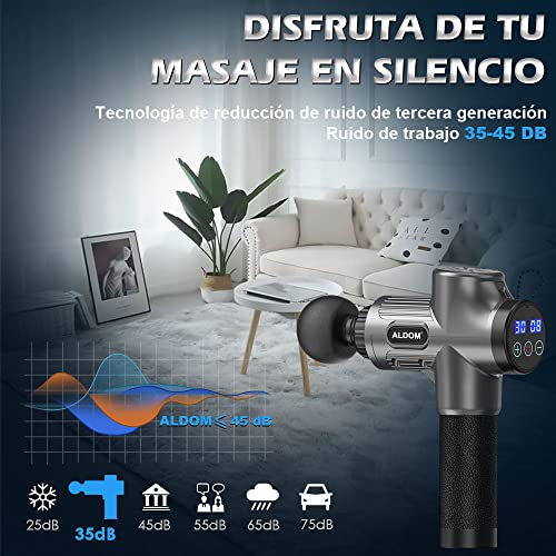 ALDOM Pistola de Masaje Muscular, Pistola Masaje Masajeadora Muscular de Tejido Profundo 30 Niveles Ajustables, Masajeador Eléctrico de Músculos Carga Tipo-C y 8 Cabezales Massage Gun