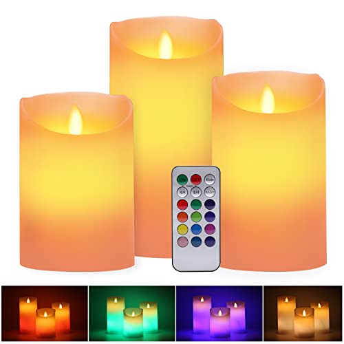 ALED LIGHT Velas de LED sin Llama, Pack de 3 Blanco Cálido más Multicolores Velas Electricas de Cera Reales con Mando a Distancia y Temporizador Velas Decorativas de Pilas para Decoración, Bodas