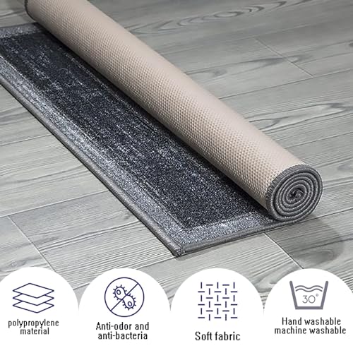 Alfombra De Cocina 60 x 170 cm Antideslizante Anti Manchas Alfombra De Pasillo De Pelo Corto con Respaldo de Goma para Sala de Estar Dormitorio, Gris Oscuro