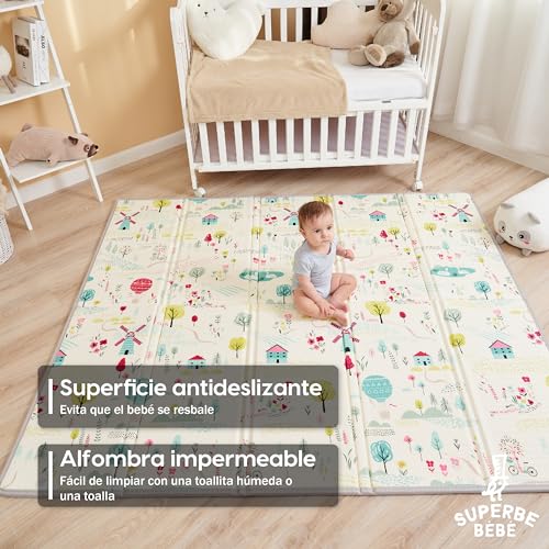 Alfombra Gateo Infantil Impermeable, Reversible y Plegable 160x180x1cm. Certificado CE. Esterilla Bebe Ideal para la habitación del niño o la niña. Gran formato SUPERBE BEBE Regalo Bebe