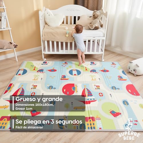 Alfombra Gateo Infantil Impermeable, Reversible y Plegable 160x180x1cm. Certificado CE. Esterilla Bebe Ideal para la habitación del niño o la niña. Gran formato SUPERBE BEBE Regalo Bebe