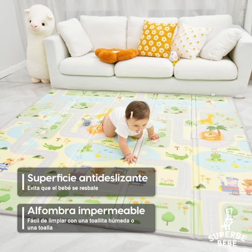 Alfombra Gateo Infantil Impermeable, Reversible y Plegable 180x200x1,5cm. Certificado CE. Esterilla Bebe Ideal para la habitación del niño o la niña. Gran formato Regalo Bebe SUPERBE BEBE