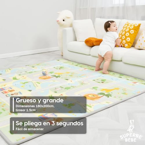 Alfombra Gateo Infantil Impermeable, Reversible y Plegable 180x200x1,5cm. Certificado CE. Esterilla Bebe Ideal para la habitación del niño o la niña. Gran formato Regalo Bebe SUPERBE BEBE