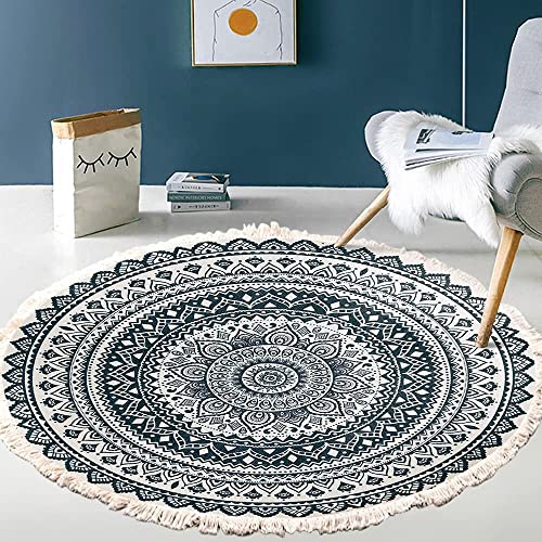 Alfombra Vintage Bohemia de algodón con Estampado de Mandala,Lavable,Tejida a Mano,Bohemia,Redonda,con borlas,para Dormitorio,Pasillo,salón,Mesa de café,Felpudo,Lavable a máquina,60 cm,Flores #1