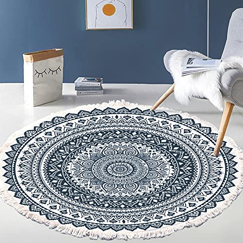 Alfombra Vintage Bohemia de algodón con Estampado de Mandala,Lavable,Tejida a Mano,Bohemia,Redonda,con borlas,para Dormitorio,Pasillo,salón,Mesa de café,Felpudo,Lavable a máquina,60 cm,Flores #16