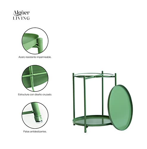 Alguer Living Mesa Auxiliar Redonda Verde Rita | Dos bandejas extráibles | Altura 50cm | Diámetro 42cm | Estilo nórdico | Acero Resistente | para salón, sofá o Exterior