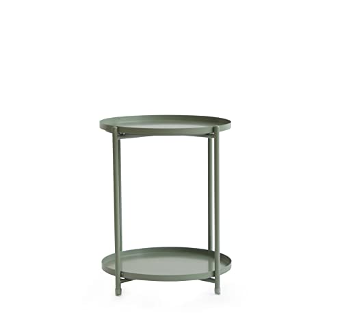 Alguer Living Mesa Auxiliar Redonda Verde Rita | Dos bandejas extráibles | Altura 50cm | Diámetro 42cm | Estilo nórdico | Acero Resistente | para salón, sofá o Exterior